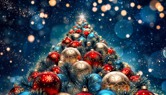 Weihnachtsbaum mit bunten Kugeln und funkelndem magischem Hintergrund