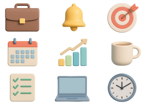 Business and productivity icons including briefcase calendar graph and clock isolated on a transparent background