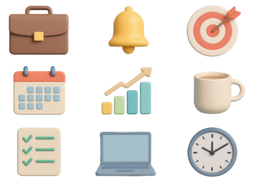 Business and productivity icons including briefcase calendar graph and clock isolated on a transparent background