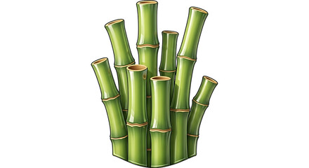 A vibrant cluster of tall green bamboo stalks with visible nodes and segments isolated on a white background