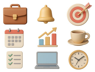 Business and productivity icons including briefcase calendar graph and clock isolated on a transparent background