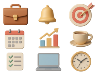 Business and productivity icons including briefcase calendar graph and clock isolated on a transparent background