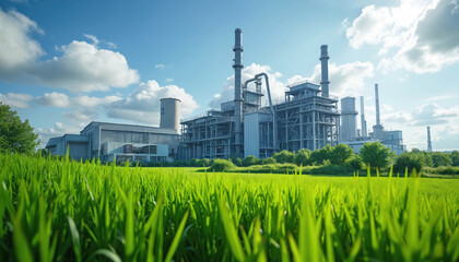 Obraz premium Biomass power plant generates clean energy from organic matter. Industrial factory complex stands in rich green field under blue sky. Sustainable production of renewable electricity, eco friendly