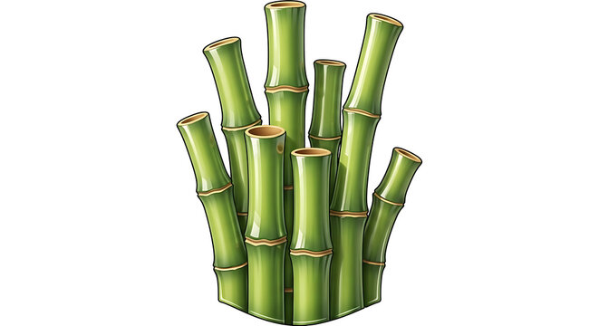 A vibrant cluster of tall green bamboo stalks with visible nodes and segments isolated on a white background