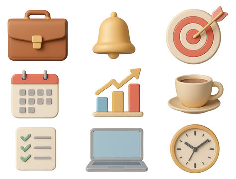 Business and productivity icons including briefcase calendar graph and clock isolated on a transparent background - Powered by Adobe