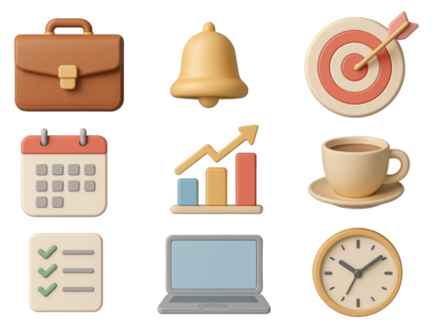 Business and productivity icons including briefcase calendar graph and clock isolated on a transparent background