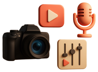 Camera, play button, microphone, and audio mixer icons arranged with a digital camera video photography isolated on a transparent background