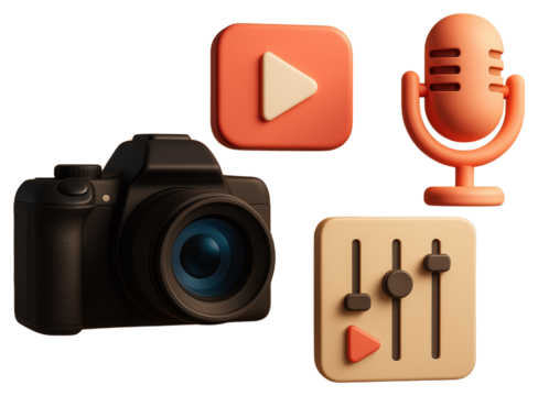 Camera, play button, microphone, and audio mixer icons arranged with a digital camera video photography isolated on a transparent background