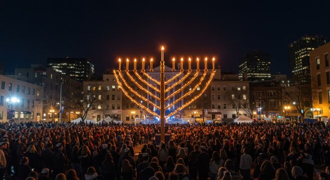 Chanukah celebration with grand menorah lighting in urban square