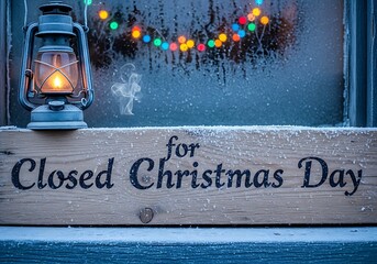 Closed for christmas day sign with lantern and frosty window