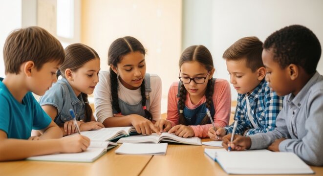 Children's day celebration: group of kids learning and reading together for education and fun