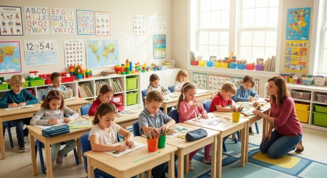 Happy children's day in a classroom setting with kids learning and teacher interaction