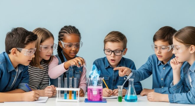 Children's day science experiment with enthusiastic kids learning chemistry concepts in a classroom setting - Powered by Adobe