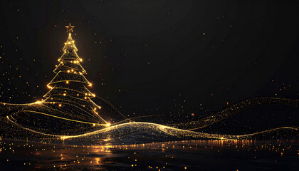 Elegant Golden Glittering Christmas Tree Sparkles on a Dark Background with Reflection