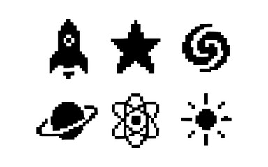 Fototapeta premium Pixel art space icons: rocket, star, galaxy, planet, atom, sun