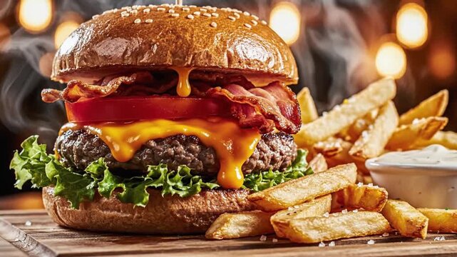Juicy bacon cheeseburger with fresh lettuce, tomato, and melted cheese, served with crispy french fries and dipping sauce animated 4k video
