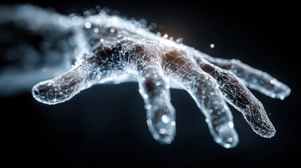 A hand, part flesh and part glowing network, reaching out against a dark background