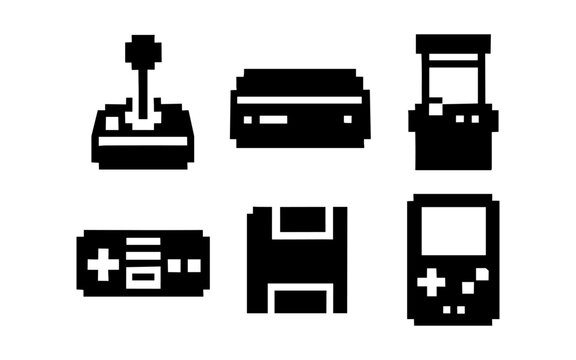 Retro gaming icons featuring classic console elements in pixel art style