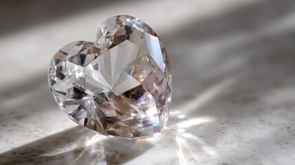 A solitary, perfectly formed crystal heart catching the light, symbolizing pure, enduring love amidst gentle bokeh. A single, perfectly formed, clear faceted crystal heart positioned slightly off