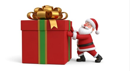 Cartoon Santa Pushing Big Red Gift Box with Gold Bow on White Background
