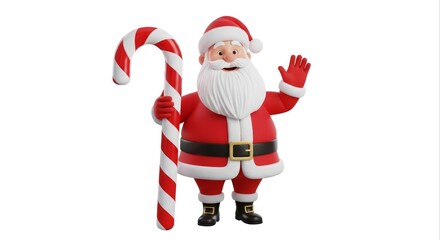 Festive Cartoon Santa Claus Holding Red and White Candy Cane Waving Hand