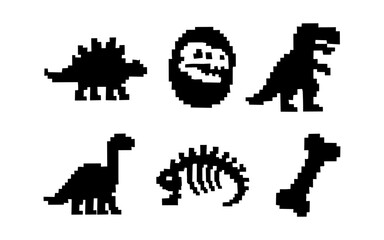 Obraz premium Pixel art dinosaur icons featuring skeletons and bones