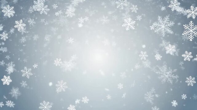 White snowflakes slowly drift in air on bright icy blue background, cozy Christmas New Year vibe. Gentle snowfall, dreamy winter scene, backdrop for holiday discount special offers