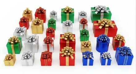 Colorful Wrapped Gift Boxes with Decorative Bows on White Background