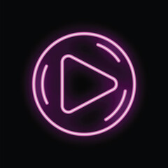 Bright pink neon sign in the shape of a play button, glowing on a dark background