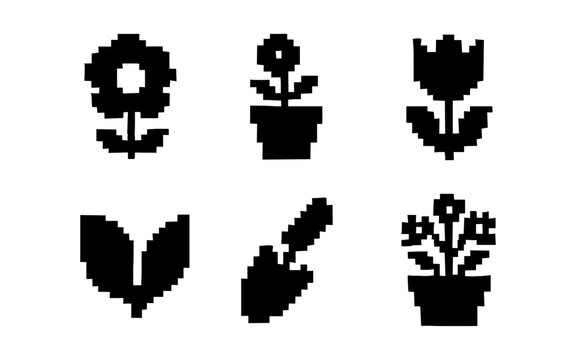 Retro pixel garden icons: black and white floral set with gardening tools