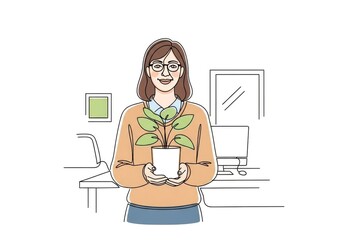 Smiling Woman Holding Potted Plant in Bright Office Illustration