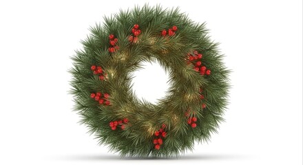 Festive Green Holiday Wreath with Red Berries on White Background