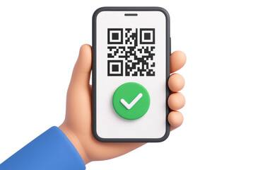 Cartoon Hand Holding Phone with QR Code and Green Check Mark smartphone mobile isolated on a transparent background