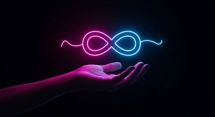 A hand holding a glowing neon infinity symbol in pink and blue against a dark background, symbolizing eternity and endless possibilities