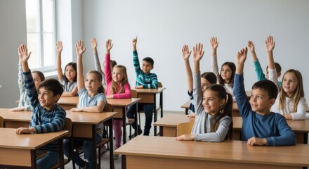 Children's day celebration in classroom with happy kids raising hands