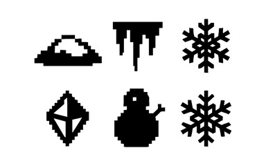 Obraz premium Pixel art winter icons: snowflake, snowman, icicles, and more