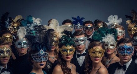 Elegant masquerade ball gathering on new year's eve with ornate masks and formal attire