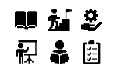 Retro pixel icons set featuring education, achievement, and organization themes