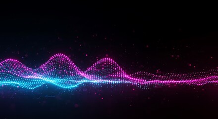 Abstract depiction of a digital data stream or waveform with shimmering pink and cyan particles flowing across a dark void