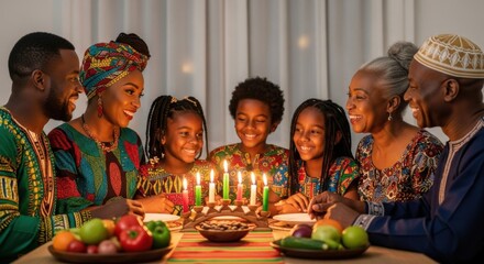 Family celebrating kwanzaa with kinara lighting ceremony and traditional african attire