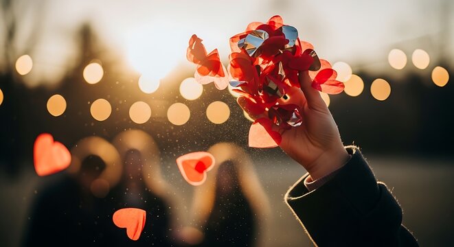 Hand throwing heart shaped confetti in the air at sunset time - Powered by Adobe