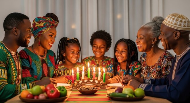 Family celebrating kwanzaa with kinara lighting ceremony and traditional african attire