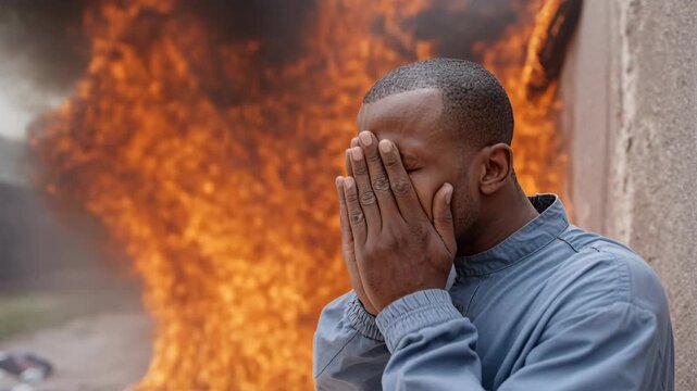 A distressed man covers his face in anguish, overwhelmed by a large, destructive fire burning intensely in the background, symbolizing loss or tragedy.