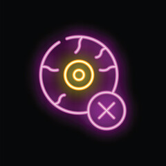 Neon sign showing a scary eyeball with a cross over it, symbolizing blindness, on a black background