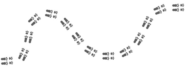 Silhouette graphic with curved path of animal paw prints, representing the walking tracks of a bunny, rabbit © Anastasiia
