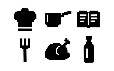 Pixel art kitchen icons: cook hat, utensils, recipe book, chicken, bottle