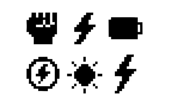 Retro pixel icons of energy and coffee with sun and lightning symbols