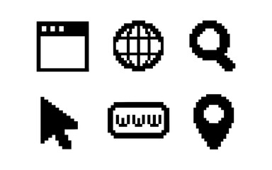 Pixel art internet icons set: browser, globe, magnifying glass, cursor, url, location