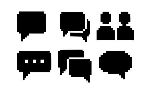 Pixel chat icons: retro style speech bubbles and user silhouettes for digital interfaces