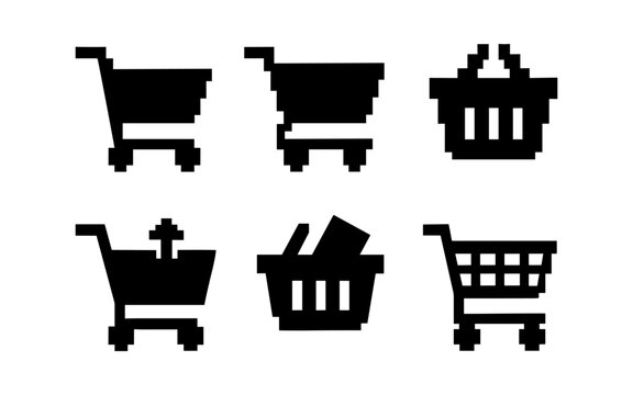 Pixel art shopping carts and baskets: retro black icons for e-commerce and retail